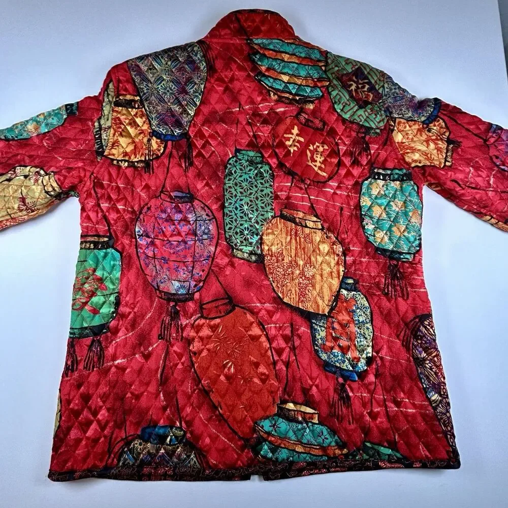 Chico's Silk Quilted Jacket Womens Sz 2 (L) Red Chinese Lantern Print Zip Front